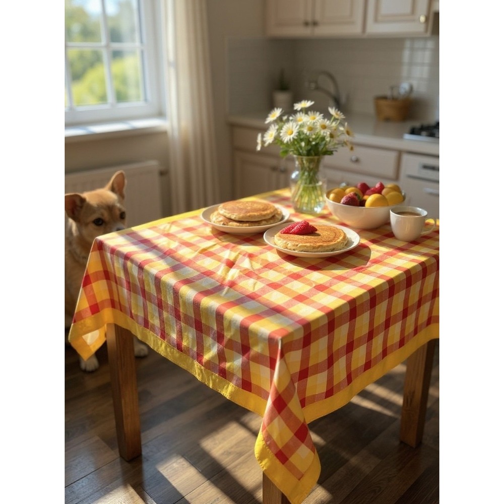 Laura Ashley Yellow Orange Red Gingham Check 100% Cotton Square Tablecloth 54"
